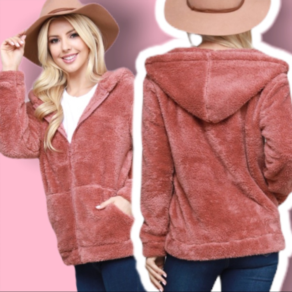 Plush Faux Fur Soft Blush Teddy Bear Zipper Jacket - Picture 5 of 9